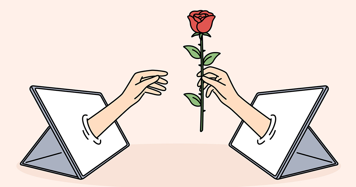 Deux sorttent chacune d'une tablette numérique se faisant face et s'offrent une rose, symbole de l'amitié à distance