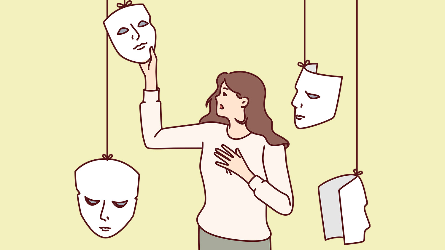 Une femme entourée de masques suspendus représentant ses différents rôles sociaux