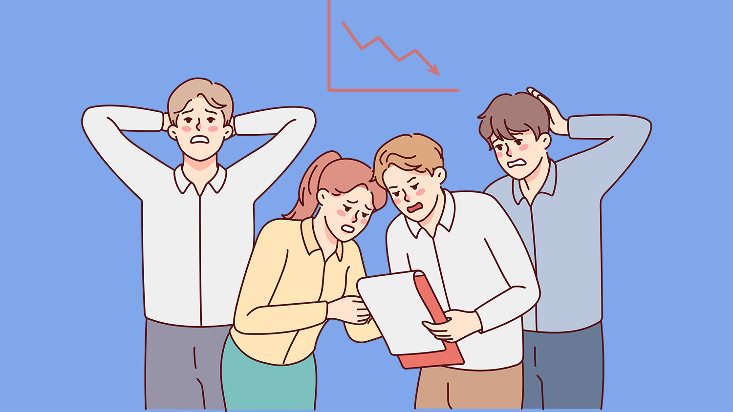 Illustration vectorielle de quatre chercheurs ou investisseurs observant avec inquiétude une courbe en baisse, métaphore de l’effondrement des chiffres miraculeux et de la manipulation statistique dans les essais cliniques psychédéliques.