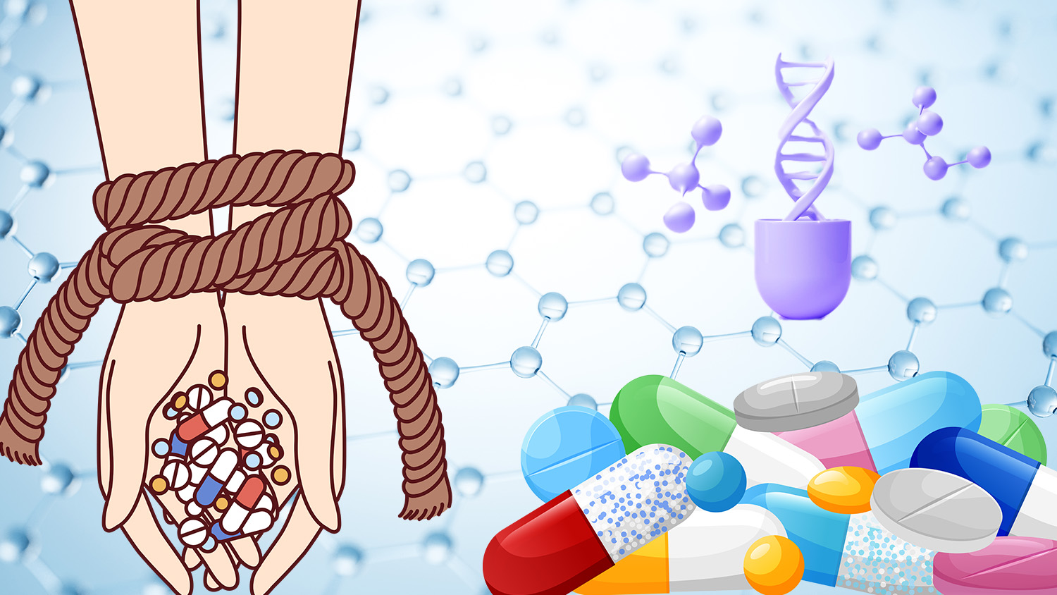 Composition symbolique montrant des mains liées tenant des gélules devant des molécules et une double hélice d’ADN, représentant la dépendance intellectuelle au réductionnisme neurobiologique et le mythe de la connectivité synaptique comme clé de la pensée.